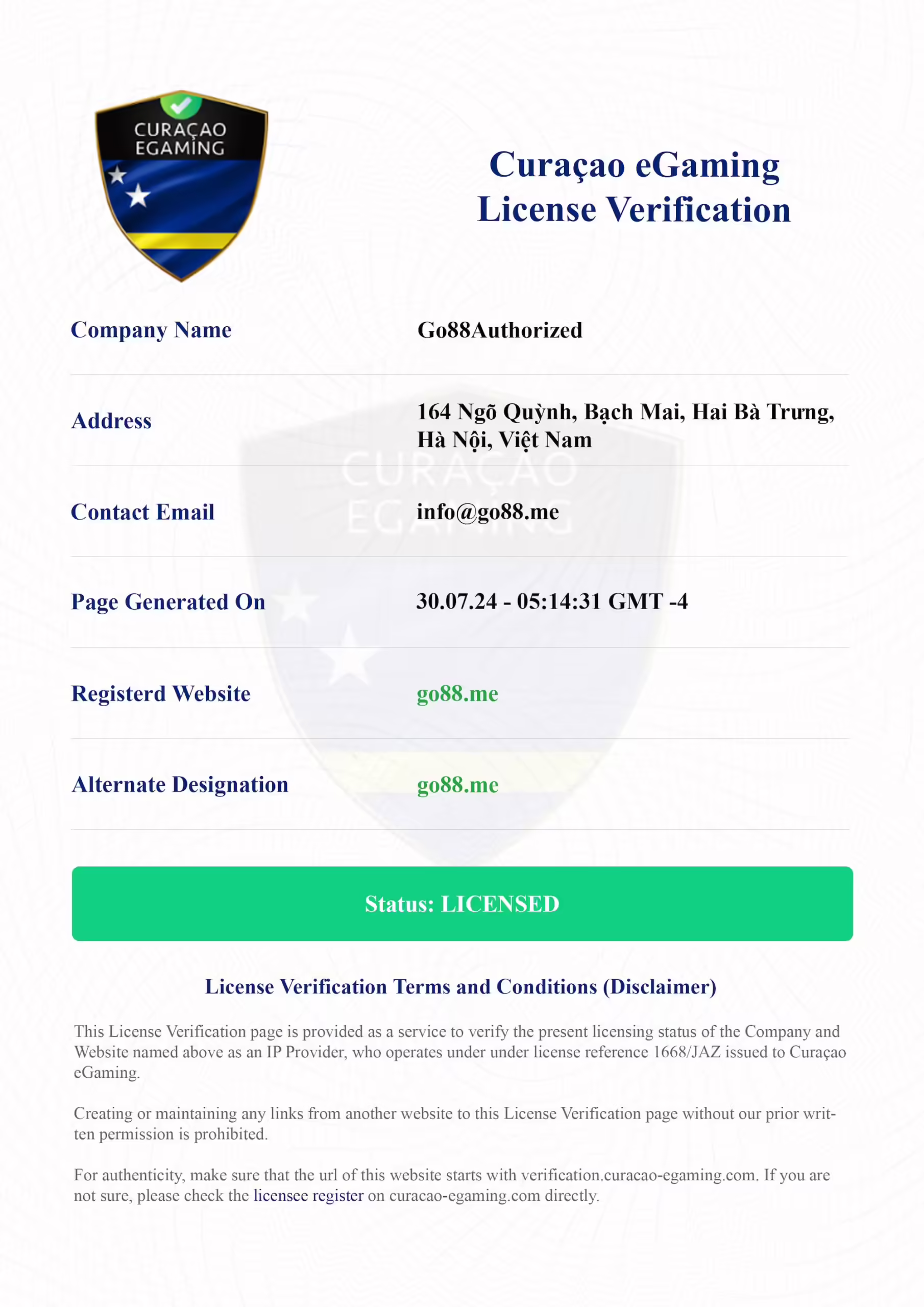 Giấy phép của go88.me được cấp phép bởi Curacao e gaming